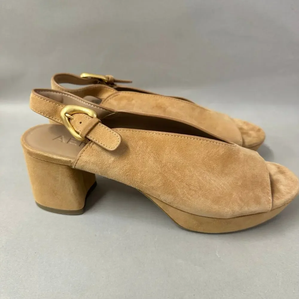 Aerosoles Cornelia Tan Suede Leather Peep Toe Slingback Platform Sandal Size 9.5